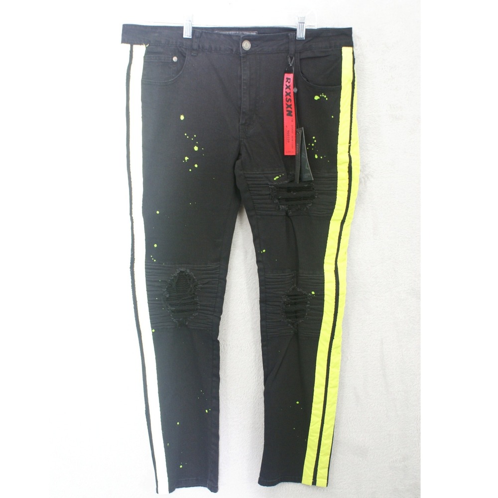Reason Brand Men Black Moto Jeans Neon Stripe Paint Splatter Distressed Size 36